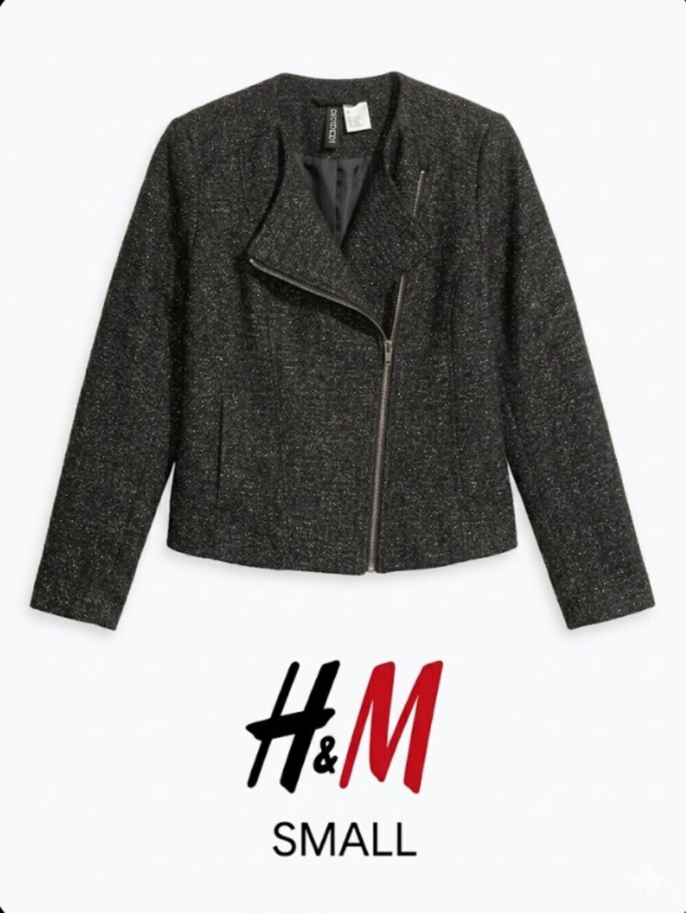 H&M Divided Women's Small Black Tweed Moto Jacket Slanted Asymmetric Zipper